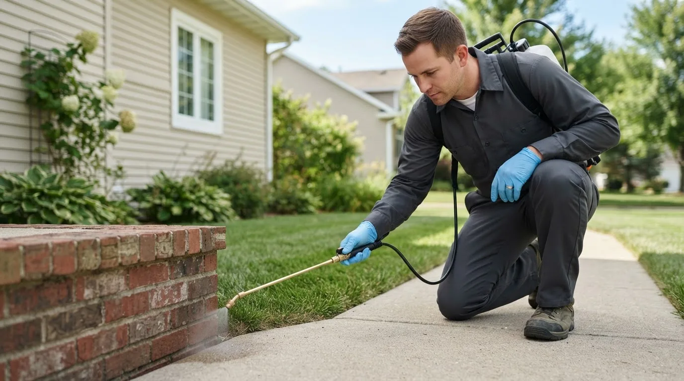 Pest control technician treating a home near New Hartford, IA