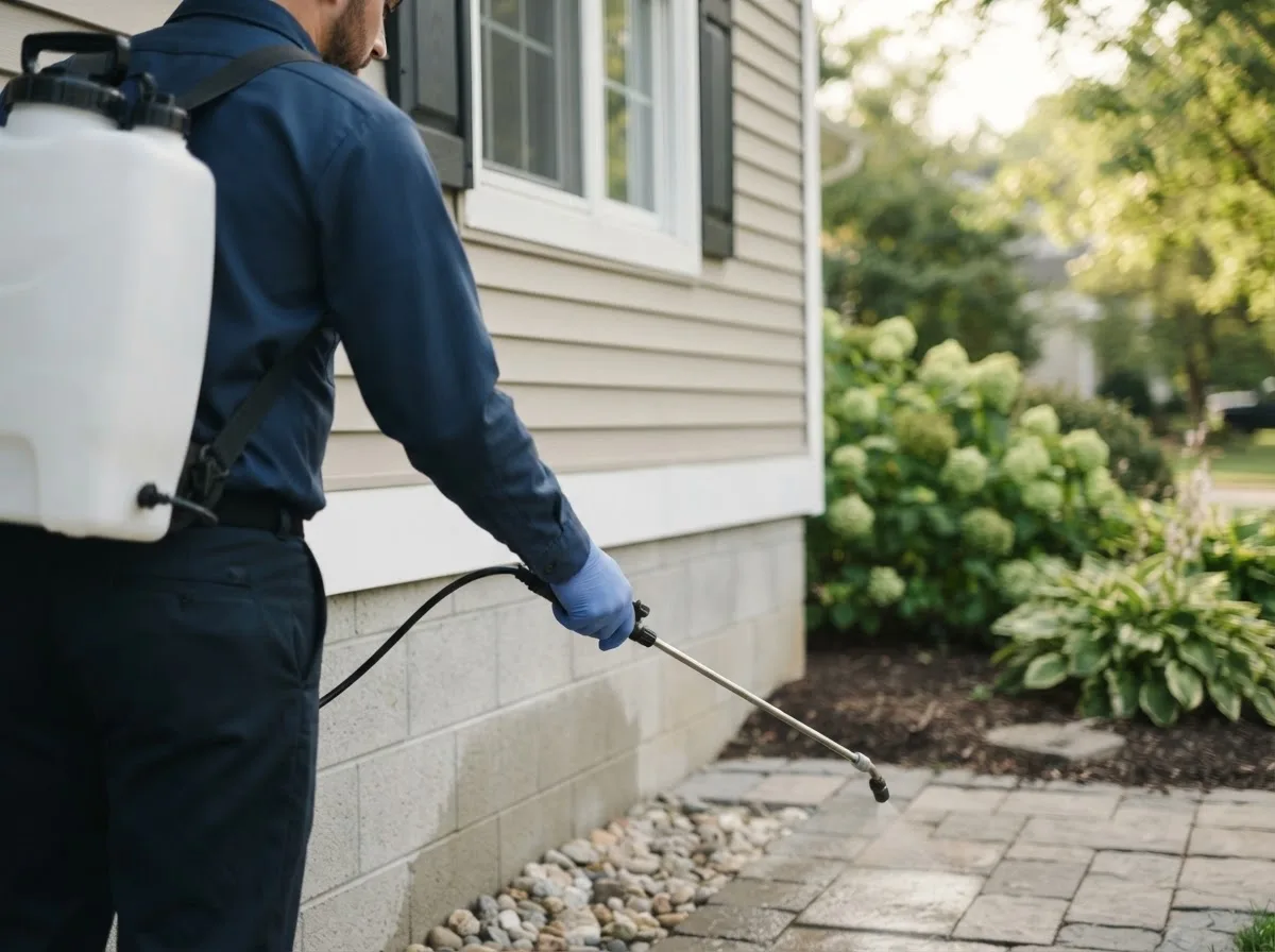 Pest control technician inspecting a home in New Hartford, IA
